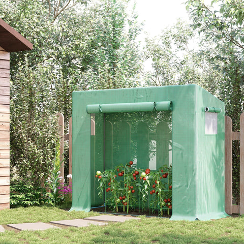 Outsunny small walk-in garden greenhouse in green with steel frame, extra stability, mesh sides, and large roll-up door housing tomatoes