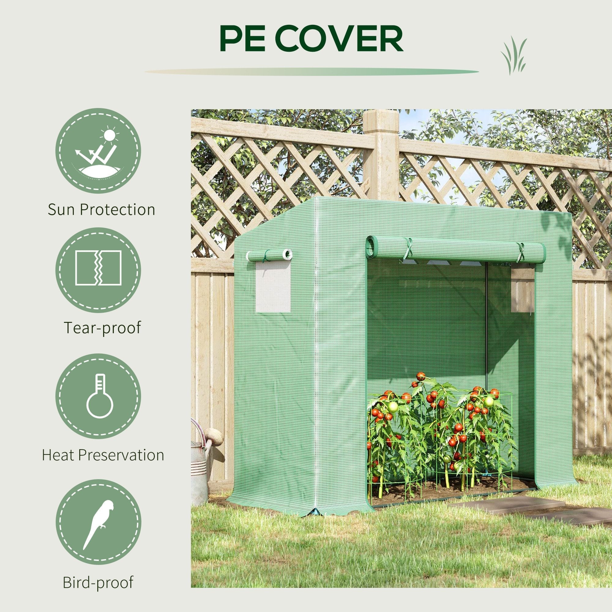 Green pe cover garden greenhouse with steel frame extra stability roll-up door and mesh panels for easy ventilation