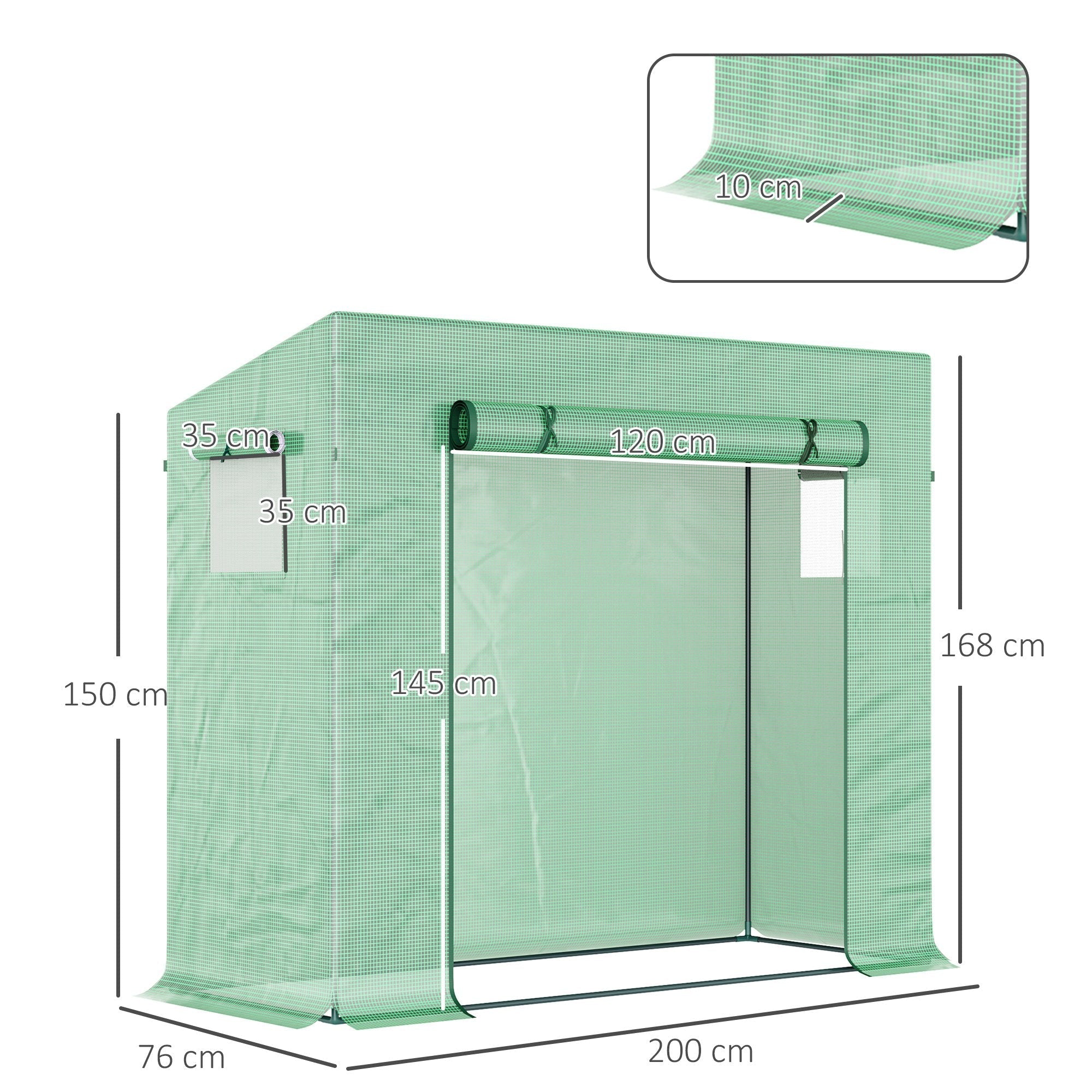 Outsunny small walk-in garden greenhouse with green mesh, steel frame for extra stability, and large roll-up door, 200lx76wx168hcm
