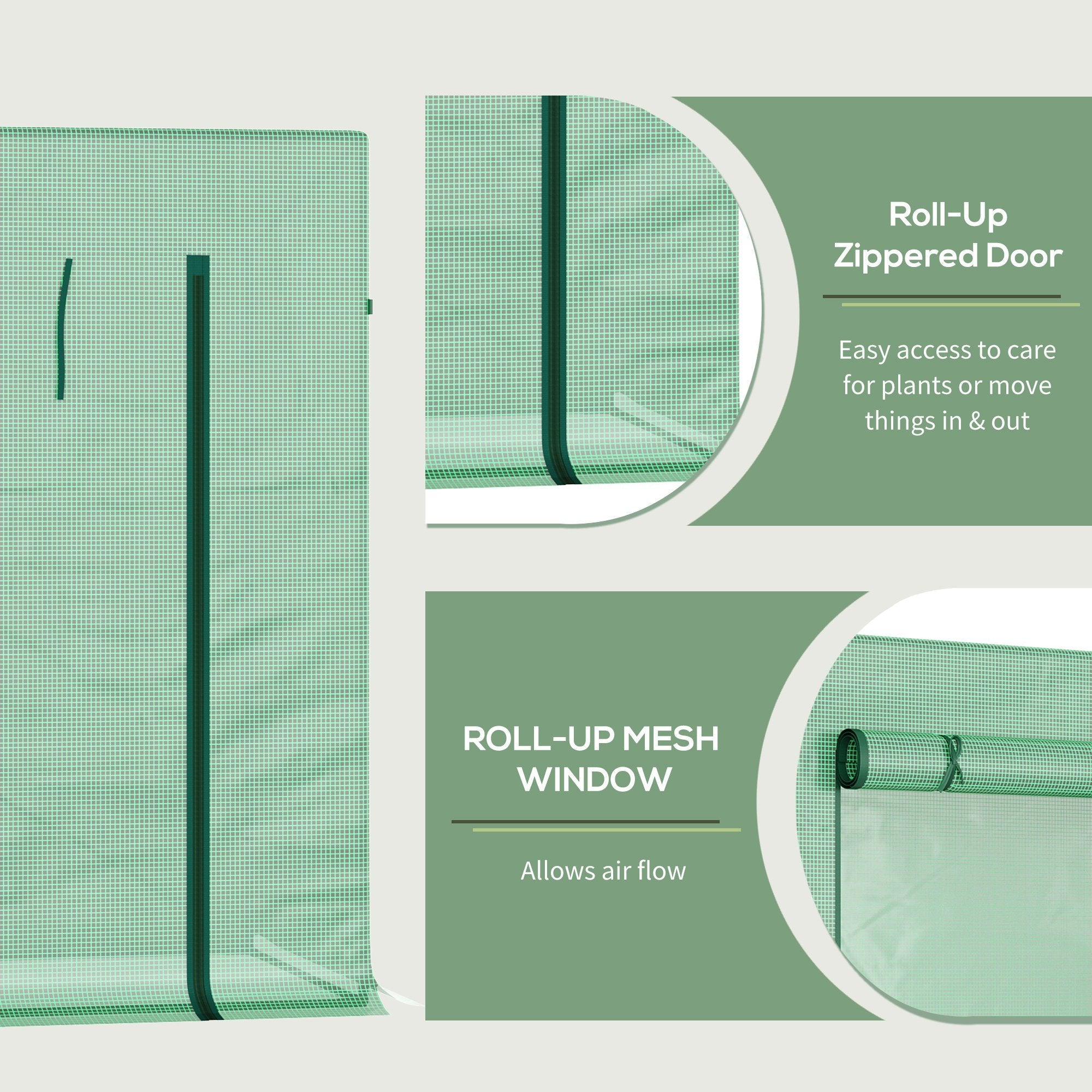 Green mesh greenhouse with steel frame and extra stability featuring a large roll-up door and window in green
