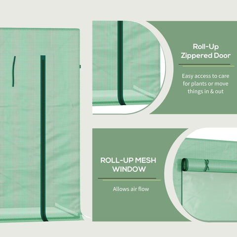 Green mesh greenhouse with steel frame and extra stability featuring a large roll-up door and window in green