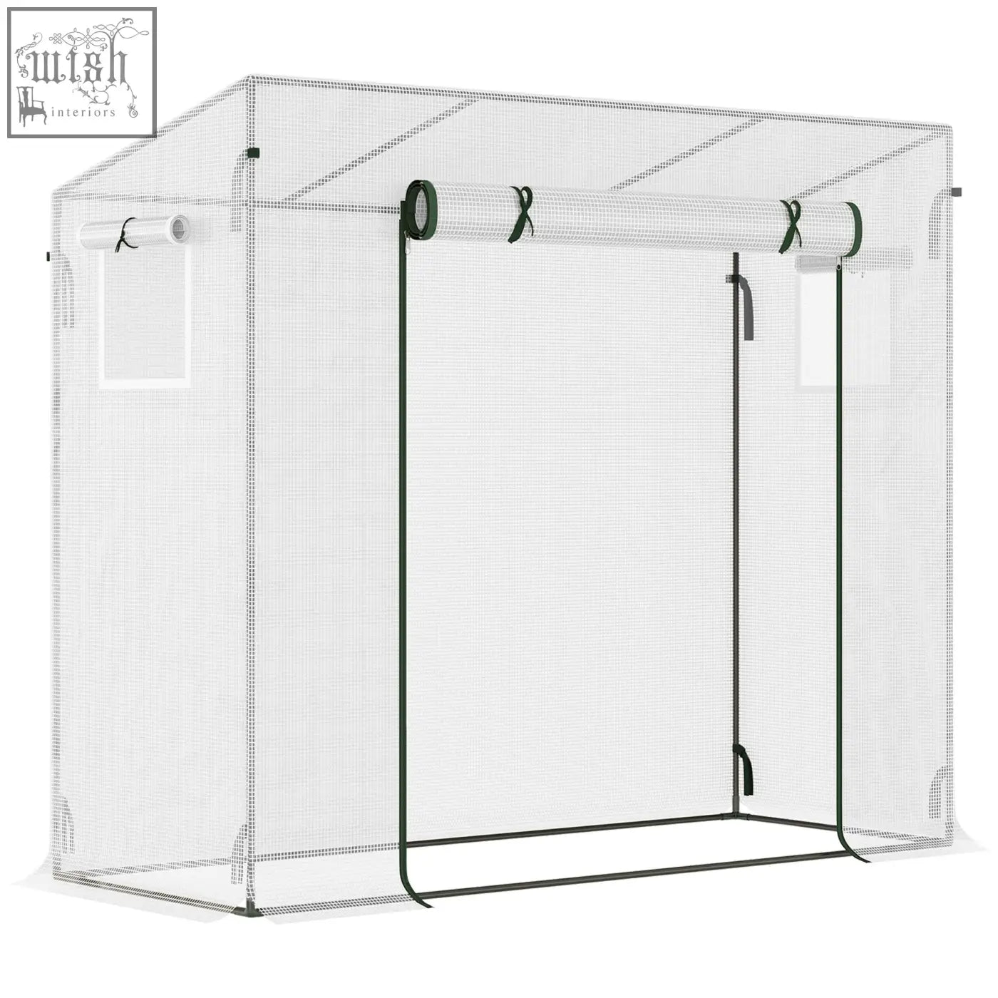White mesh greenhouse with steel frame and large roll-up door for extra stability by outsunny small walk model