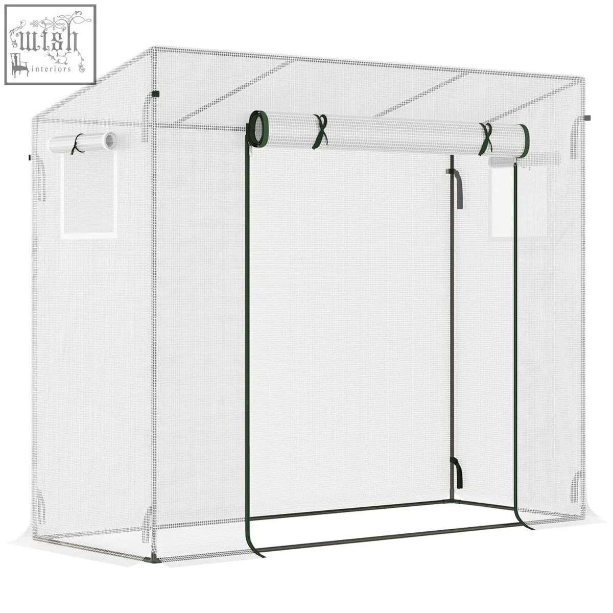 White mesh greenhouse with steel frame and large roll-up door for extra stability by outsunny small walk model