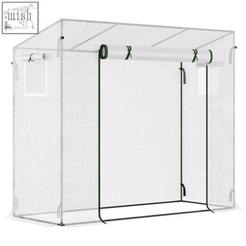 White mesh greenhouse with steel frame and large roll-up door for extra stability by outsunny small walk model