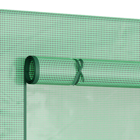 Green mesh greenhouse cover rolled up and secured on outsunny small walk-in greenhouse with steel frame and roll-up door