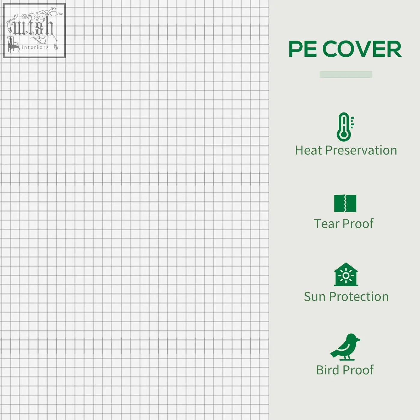 Pe cover with grid pattern and green icons showing heat preservation tear proof sun protection and bird proof for outsunny small walk greenhouse with steel frame and extra stability