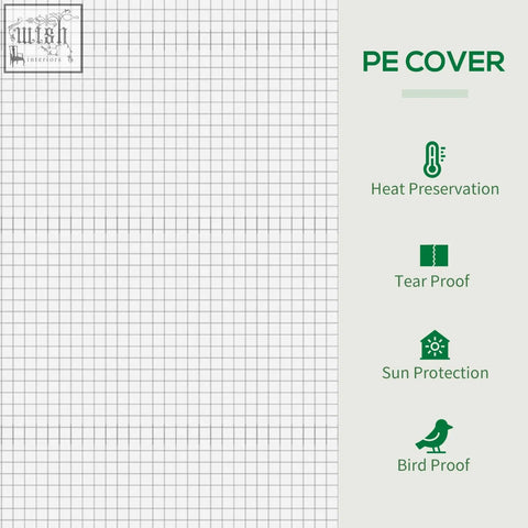 Pe cover with grid pattern and green icons showing heat preservation tear proof sun protection and bird proof for outsunny small walk greenhouse with steel frame and extra stability
