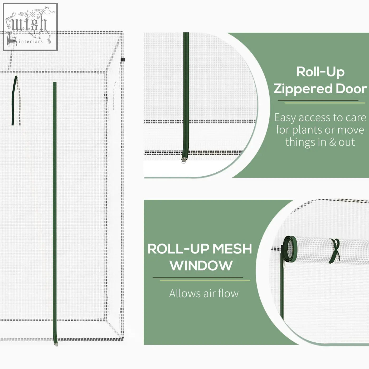 White mesh outsunny small walk greenhouse with green trim steel frame extra stability and roll-up zipper door