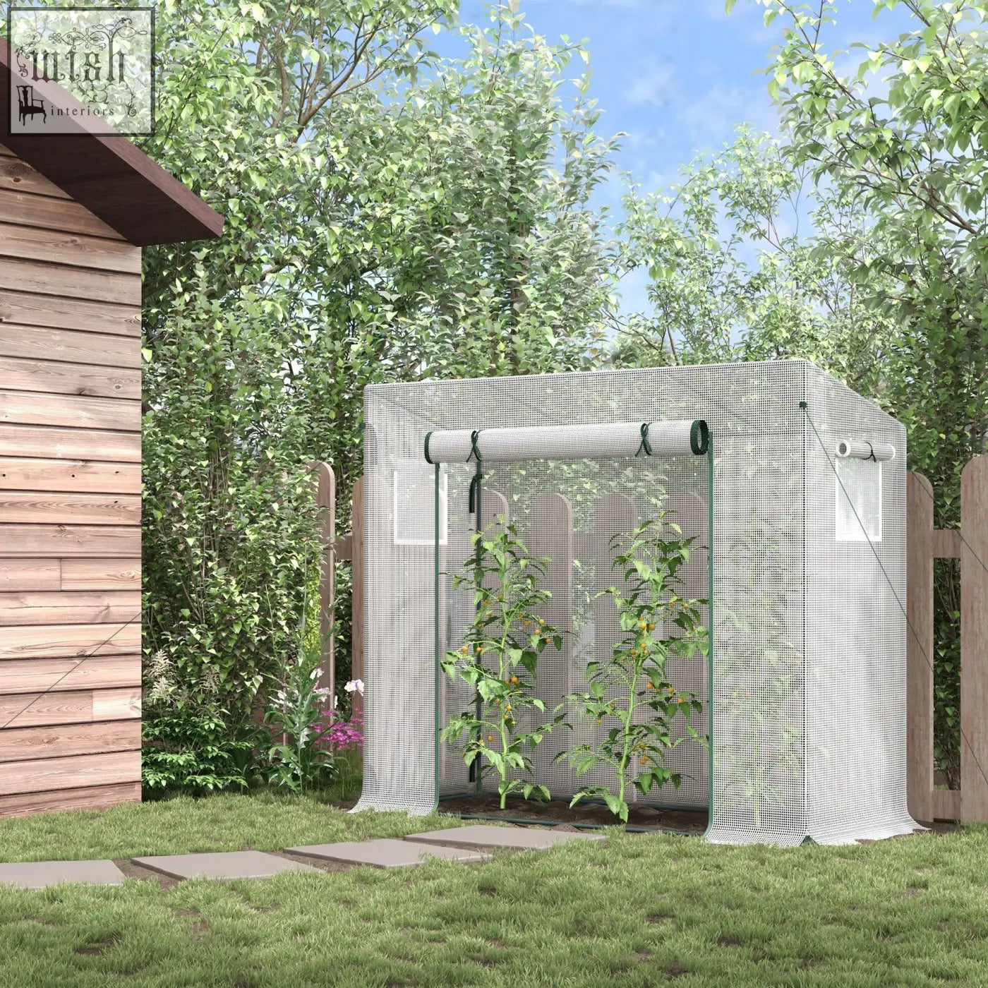 White mesh outsunny small walk-in greenhouse with steel frame roll-up door and extra stability, plants inside