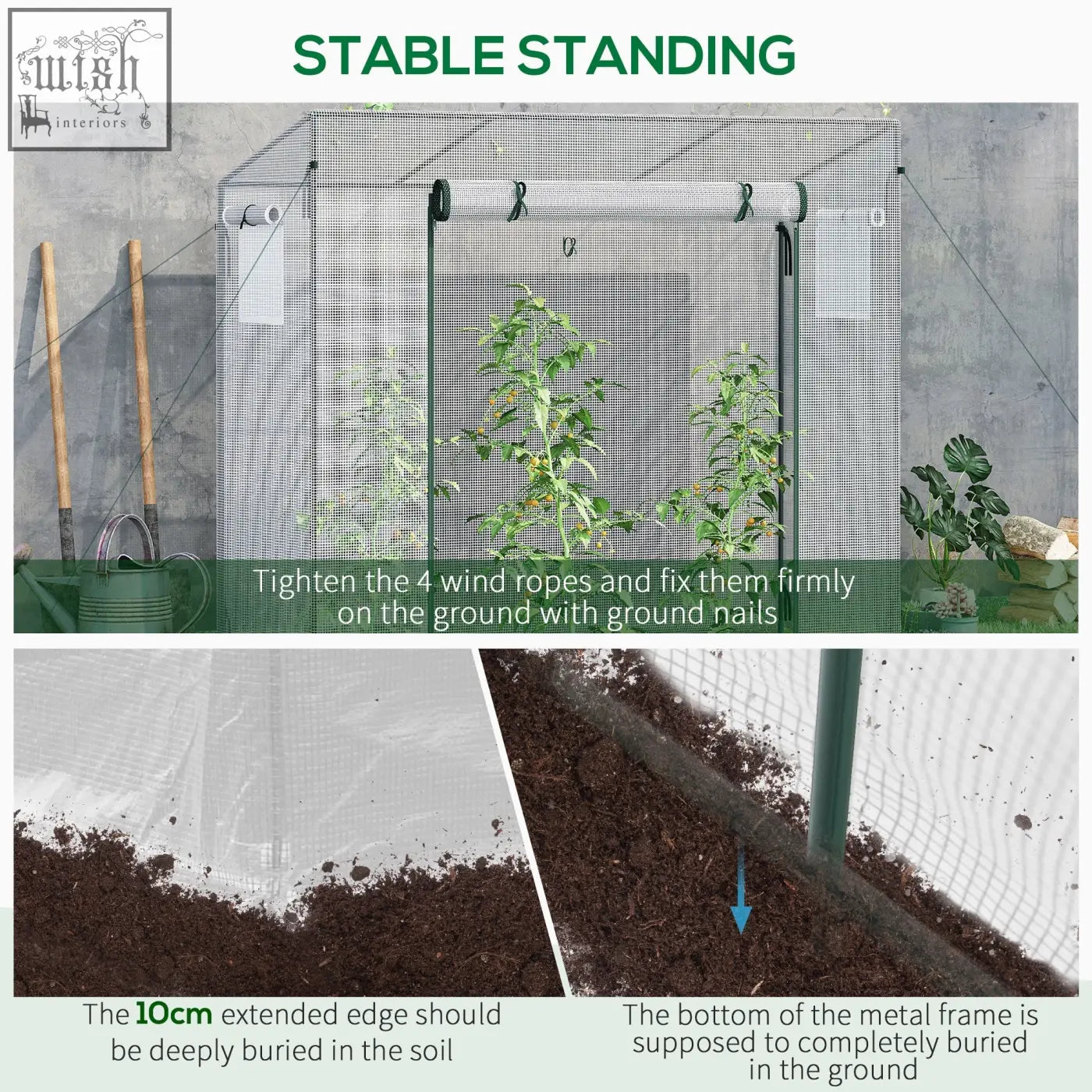 Green metal framed outsunny small walk garden greenhouse with steel frame mesh sides and white plastic cover for extra stability
