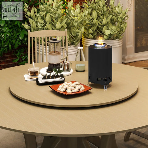 Black powder-coated stainless steel tabletop fire pit with flame and small feet for garden camping bonfire party