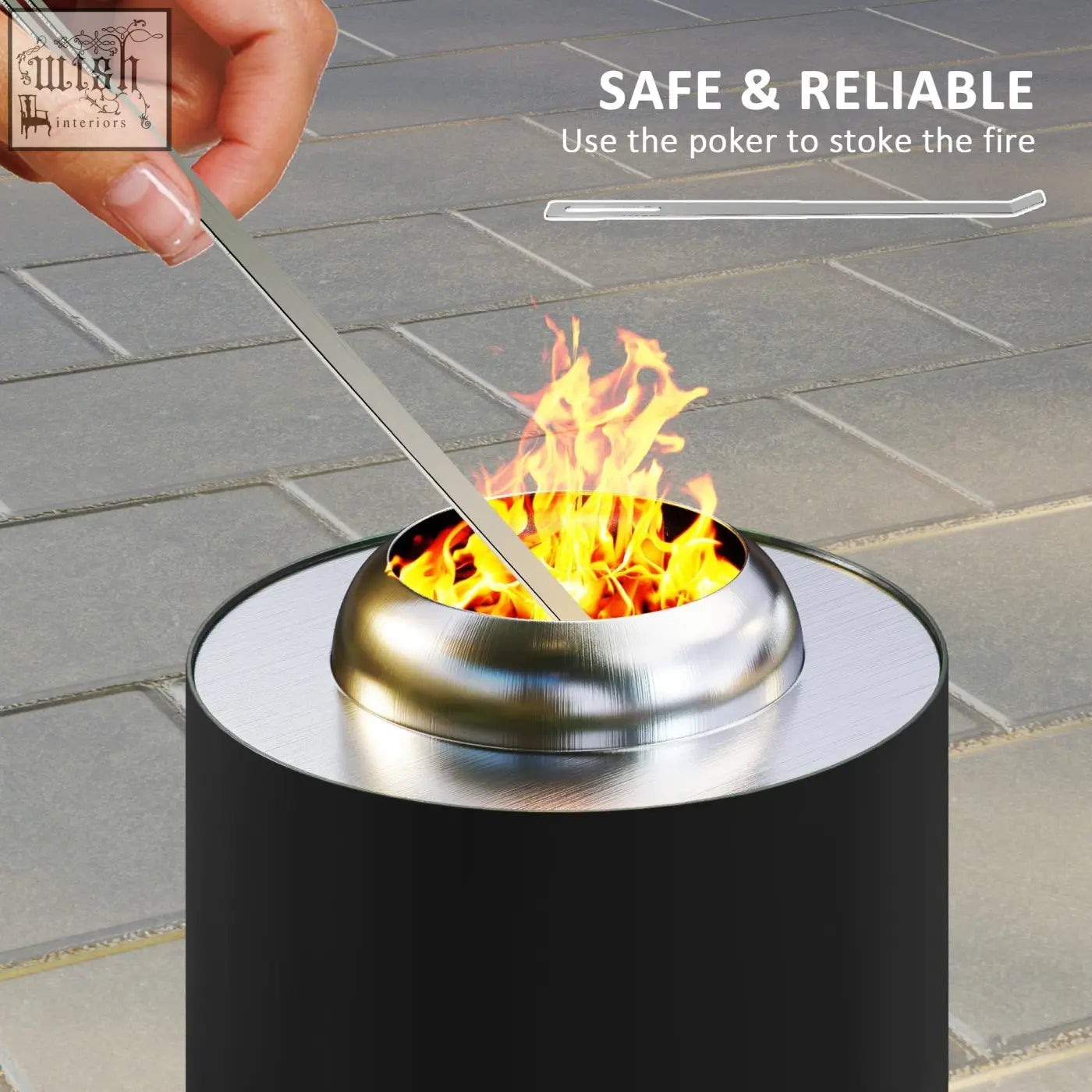 Silver stainless steel fire poker stoking flames in black powder-coated stainless outsunny smokeless fire pit