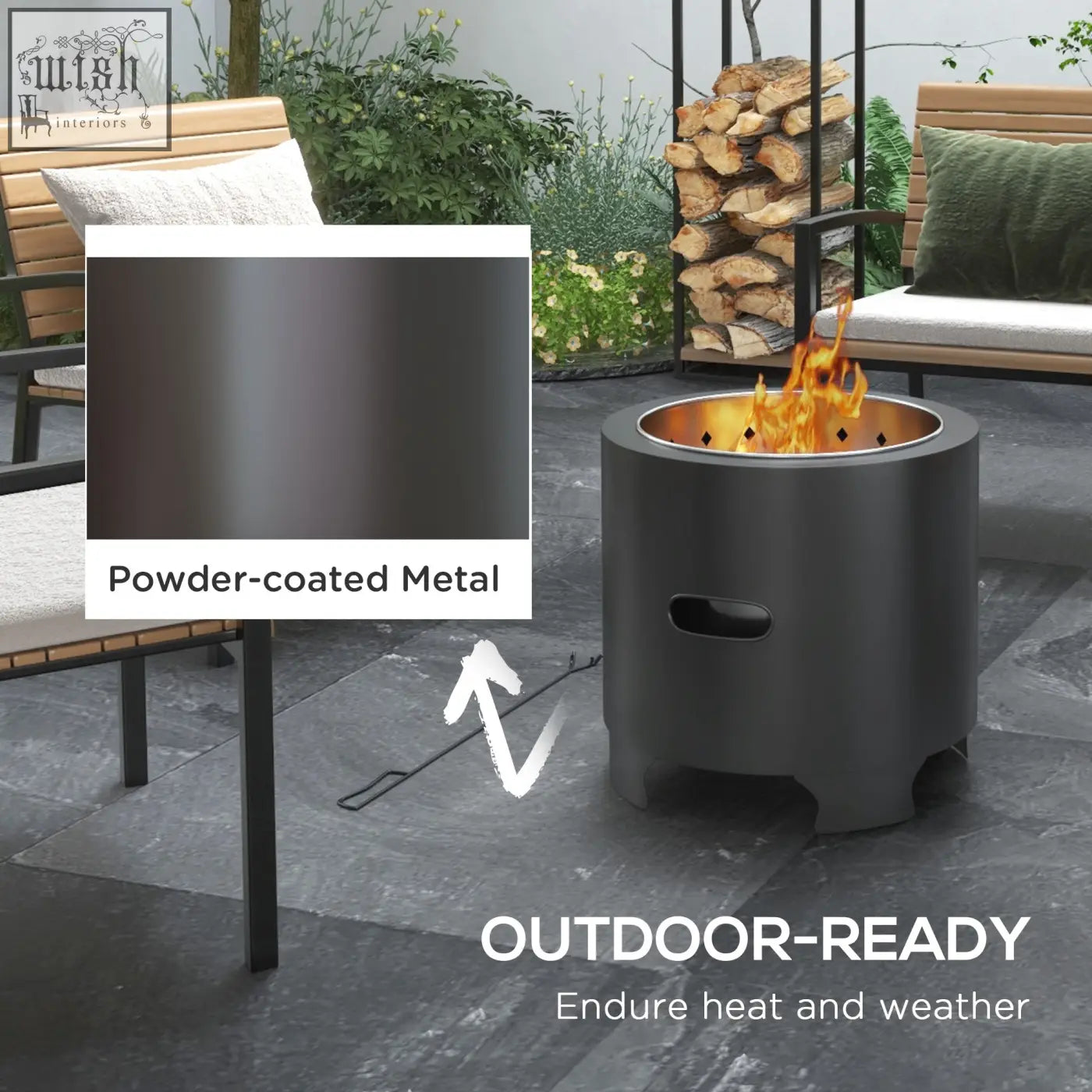 Black powder-coated metal Outsunny smokeless fire pit with copper interior and handle for garden camping use