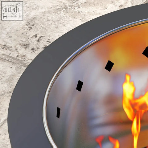 Black and silver Outsunny smokeless fire pit with flame design glass interior made of powder-coated metal and stainless steel