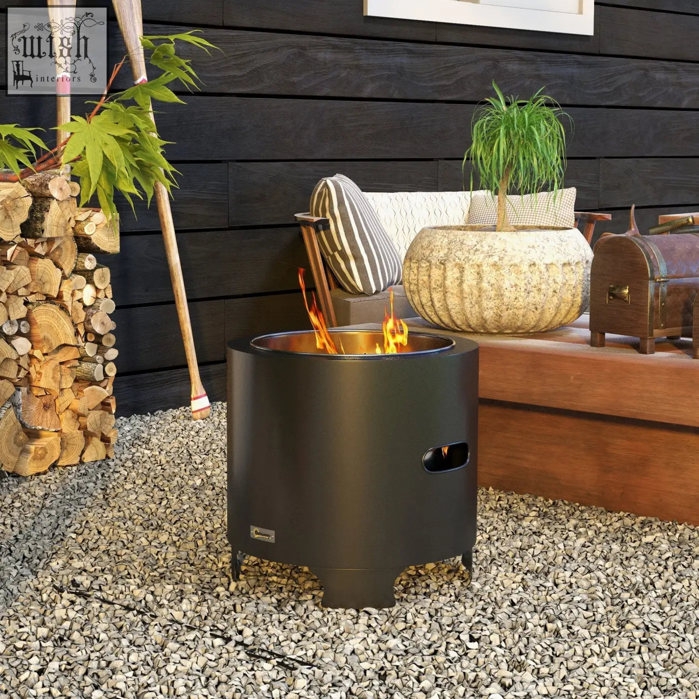 Black outdoorsy smokeless fire pit made of powder-coated metal with secondary combustion and a small side handle