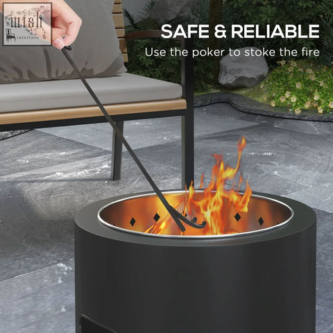 Black metal fire poker with curved hook stoking flames in black powder-coated metal Outsunny smokeless fire pit