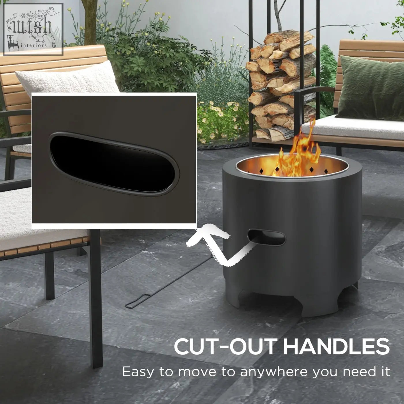 Dark gray powder-coated metal outsunny smokeless fire pit with cut-out handles and secondary combustion for camping and garden use