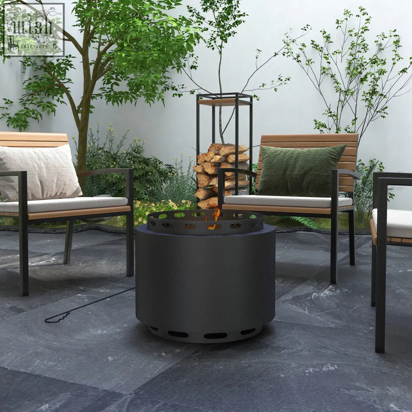Black metal outsunny smokeless fire pit with perforated top and base for garden camping bonfire offers high heat resistance