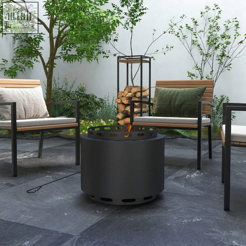 Black metal outsunny smokeless fire pit with perforated top and base for garden camping bonfire offers high heat resistance