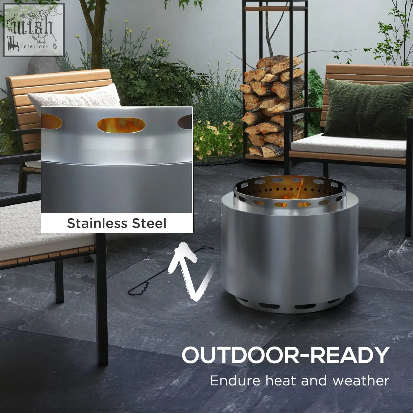Outsunny smokeless stainless steel fire pit with perforated ventilation for high heat and secondary combustion use outdoors