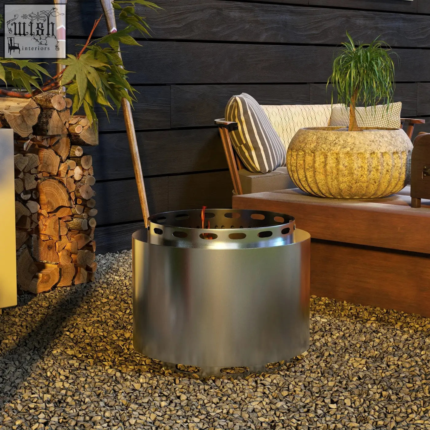 Silver stainless steel outsunny smokeless fire pit with perforated top designed for high heat and secondary combustion use