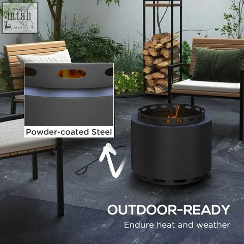 Dark gray powder-coated steel Outsunny smokeless fire pit with circular design and perforations for high heat resistance