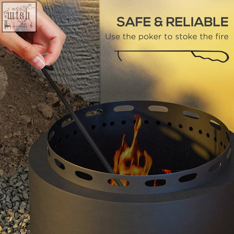 Black metal fire poker with textured grip for high heat resistance stoking in outsunny smokeless fire pit