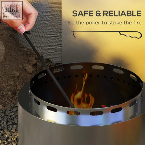 Black metal fire poker tending high heat flames in a silver stainless steel outsunny smokeless fire pit with secondary combustion