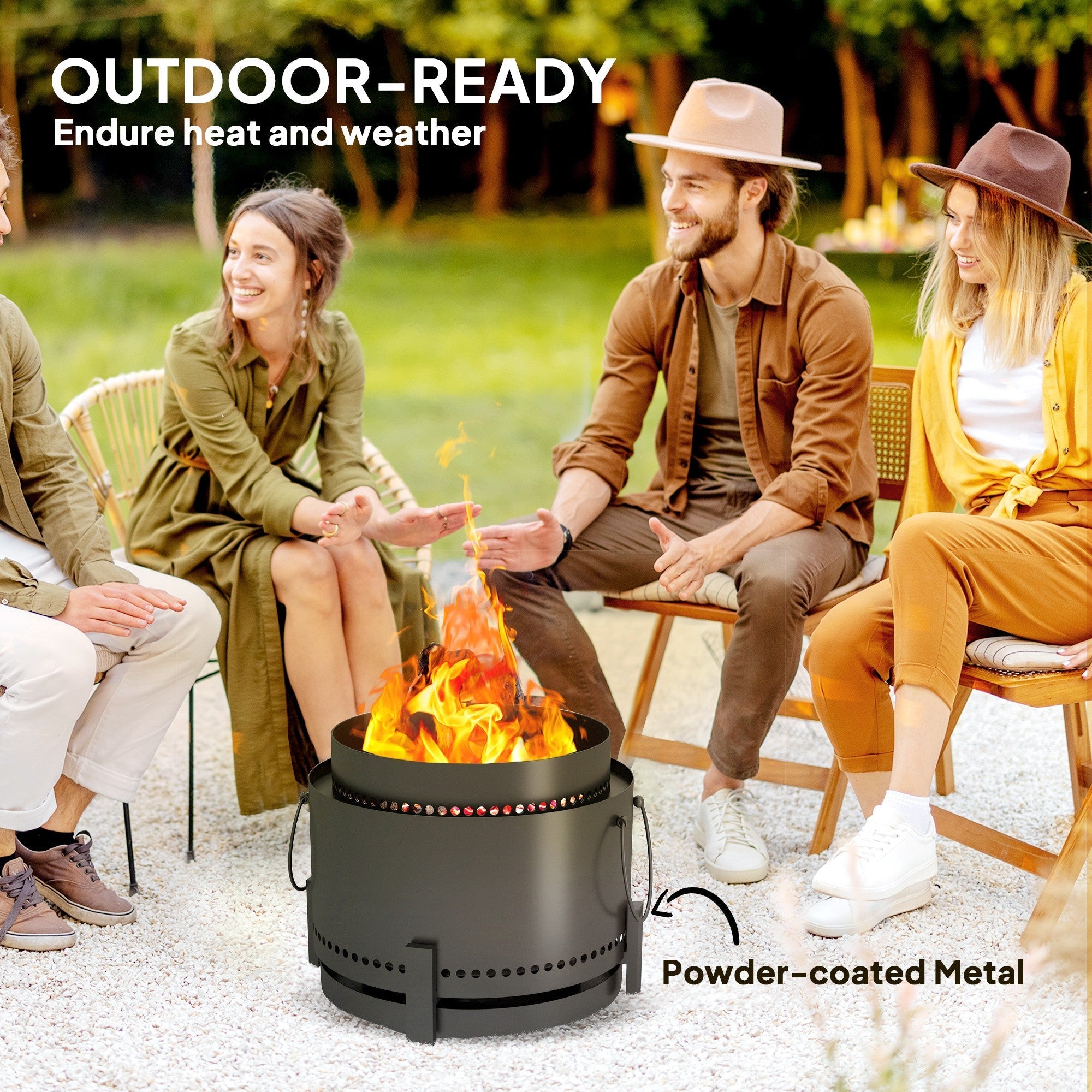 Outsunny smokeless fire pit in dark grey powder-coated metal with side handles and perforations for high heat use
