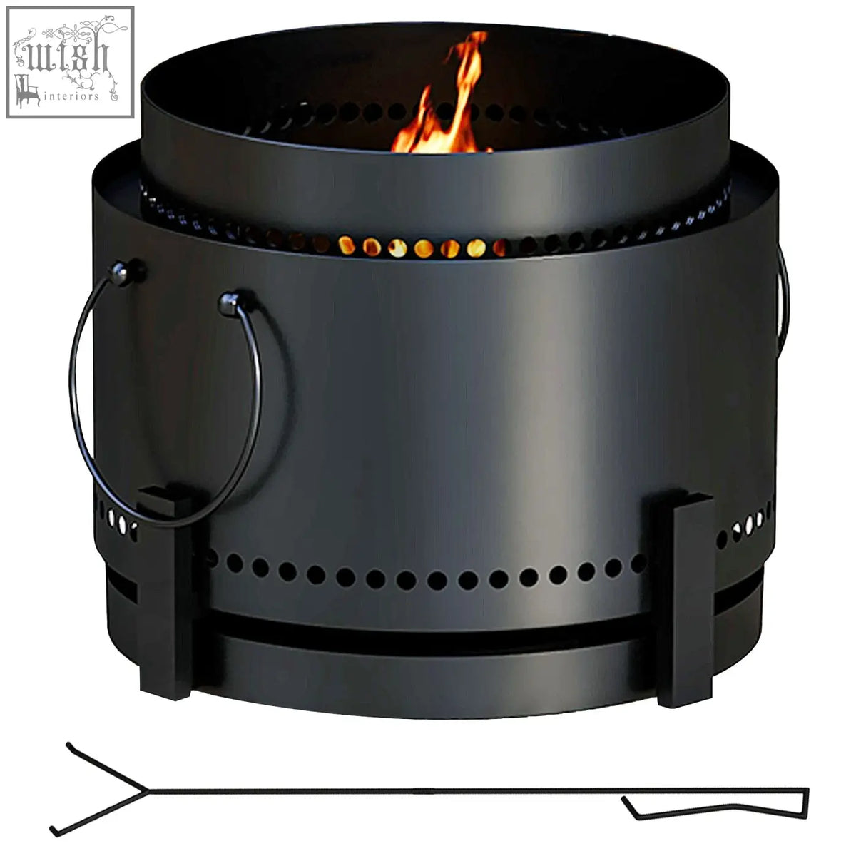 Black metal cylindrical smokeless fire pit with perforated sides and handles for high heat resistance and secondary combustion