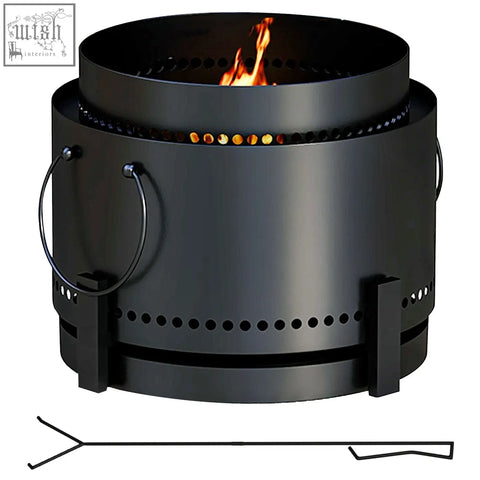 Black metal cylindrical smokeless fire pit with perforated sides and handles for high heat resistance and secondary combustion