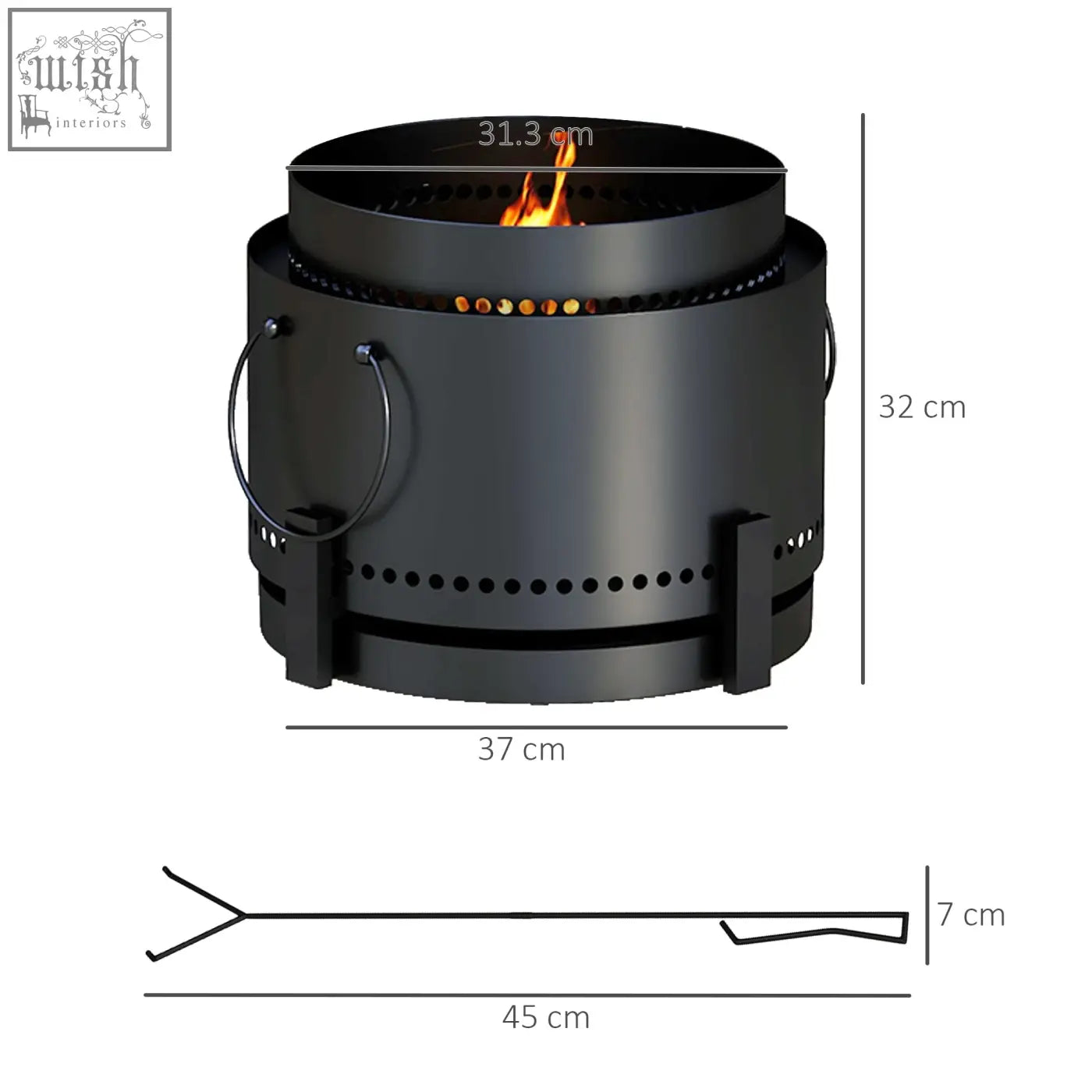 Black metal outsunny smokeless fire pit with perforated design side handles high heat resistance and poker tool