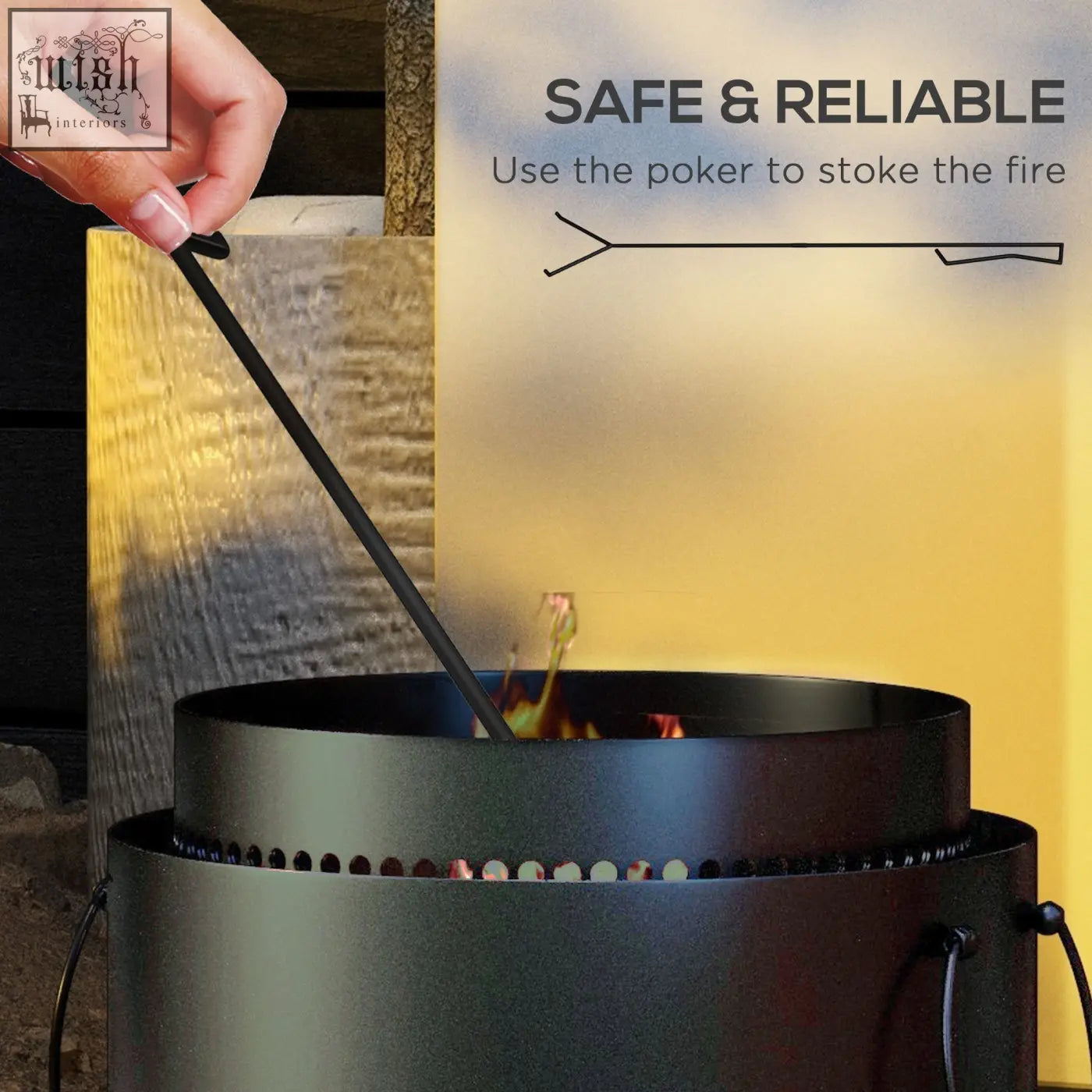Black metal poker with looped handle stoking high heat fire in black metal Outsunny smokeless fire pit with ash catcher