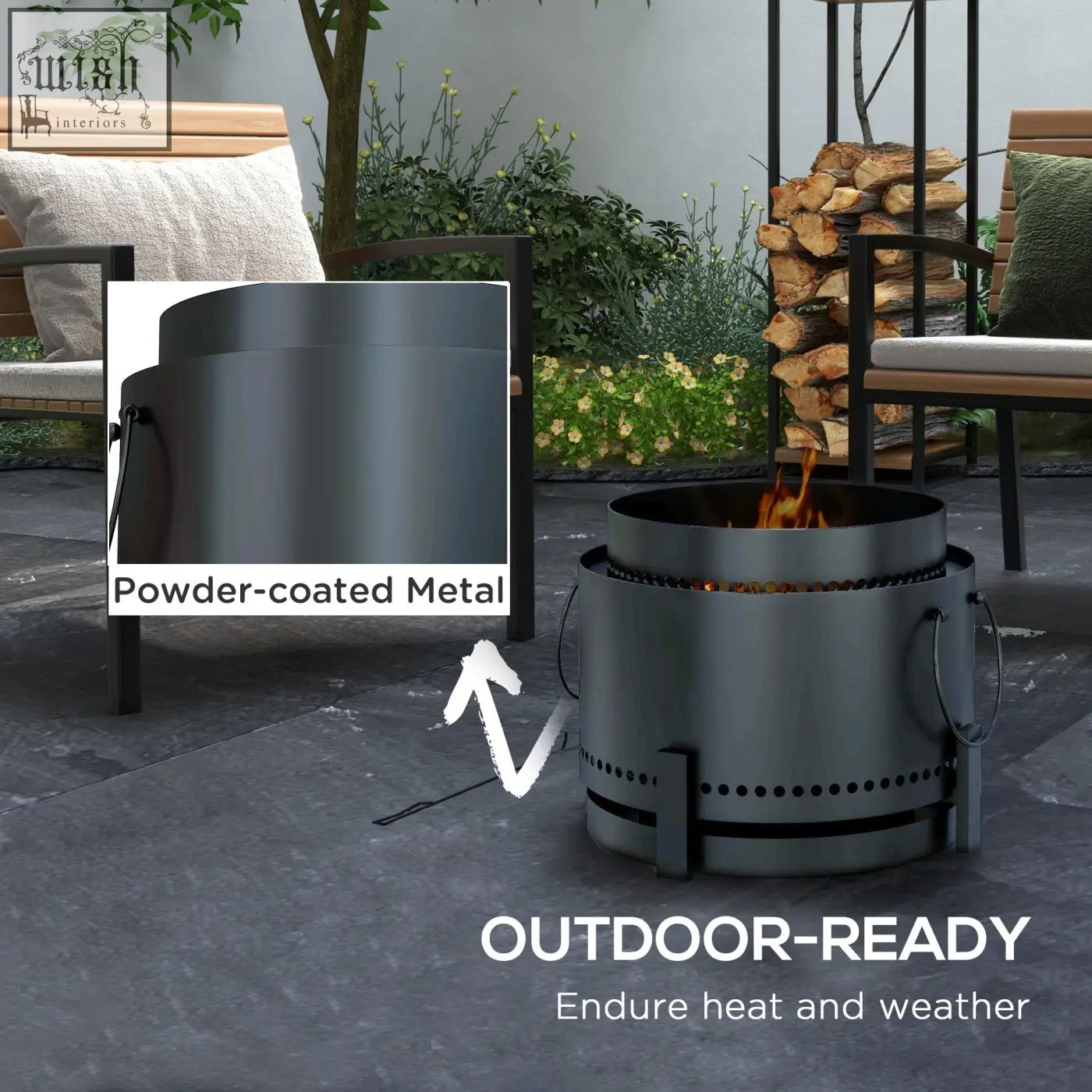 A sleek black outsunny smokeless fire pit with powder-coated metal, side handles, high heat resistance, and secondary combustion
