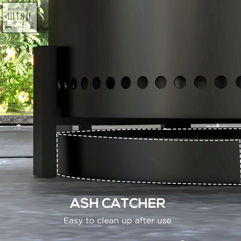 Black metal ash catcher with circular cutouts and curved base for outsunny smokeless fire pit with high heat resistance