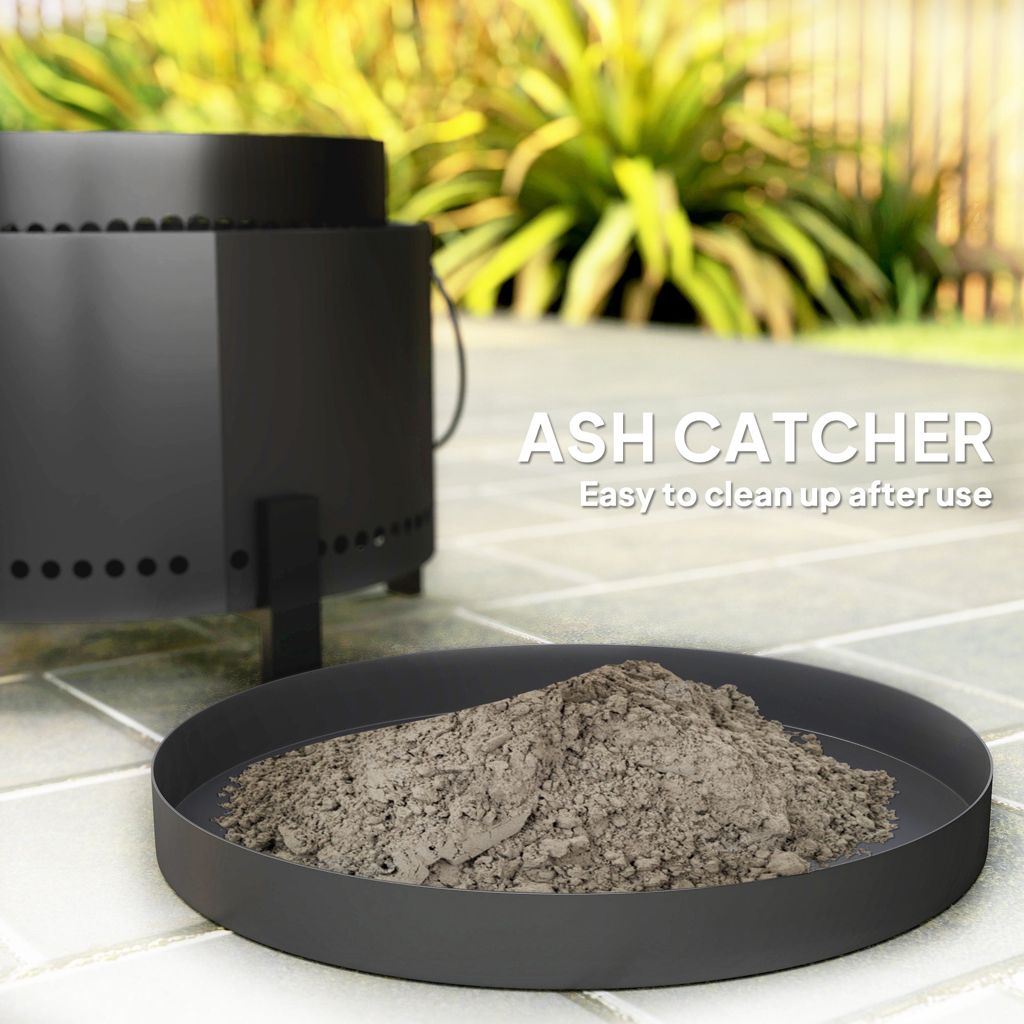 Black metal powder-coated metal outsunny smokeless fire pit ash catcher with circular tray holding gray ashes for high heat use