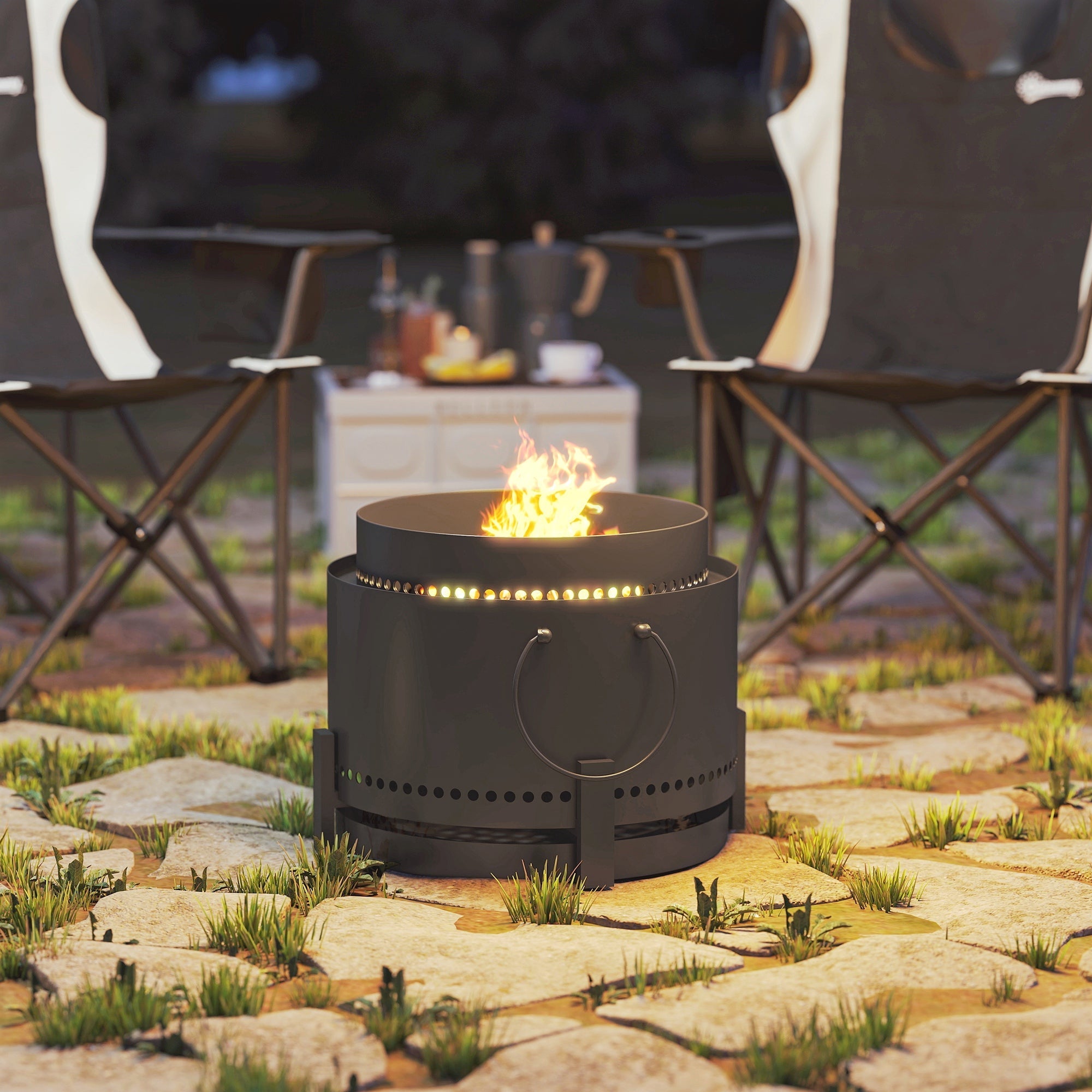Black metal outsunny smokeless fire pit with circular handle and perforated sides made of powder-coated metal for high heat and secondary combustion