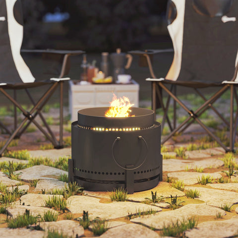 Black metal outsunny smokeless fire pit with circular handle and perforated sides made of powder-coated metal for high heat and secondary combustion