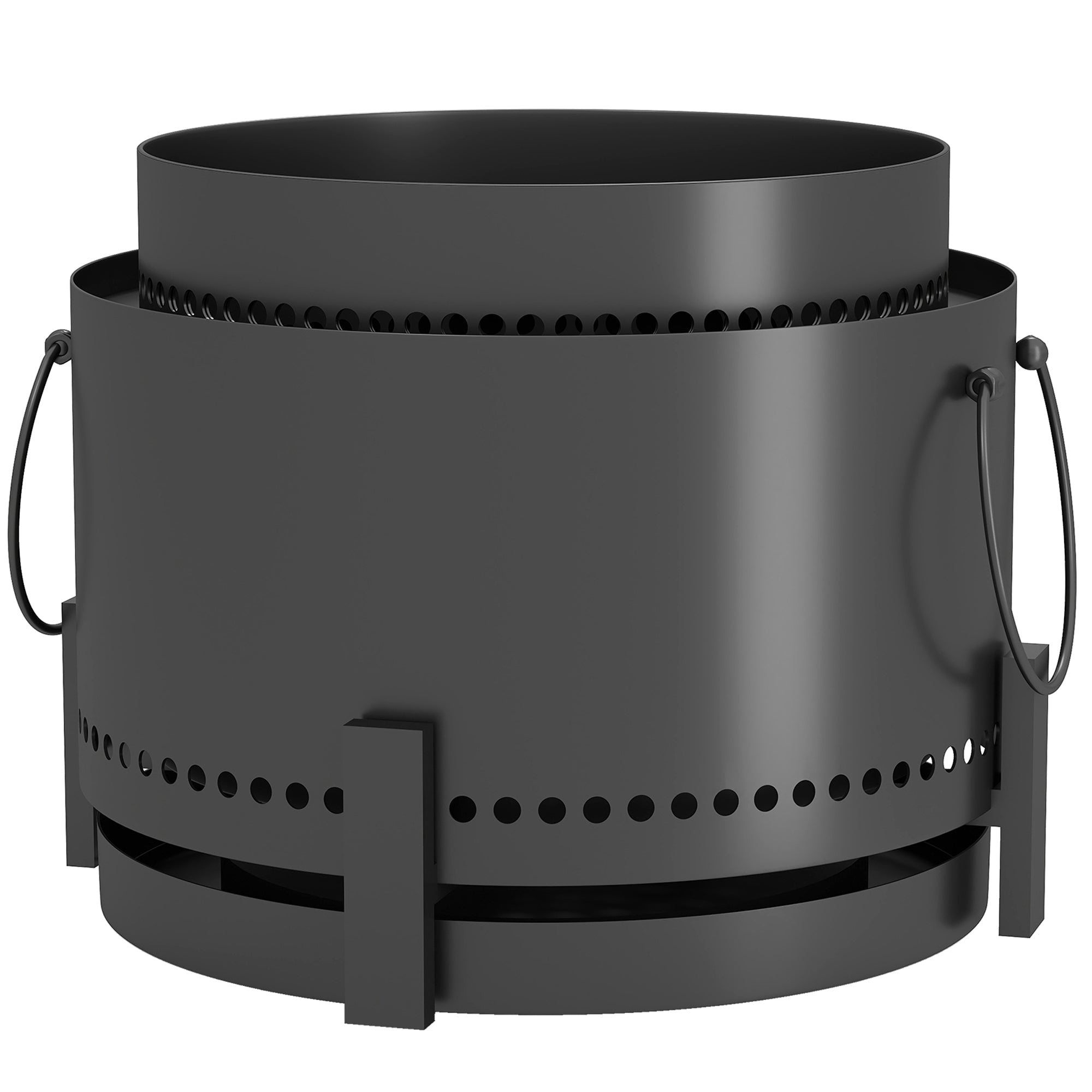 Outsunny dark grey powder-coated metal fire pit with circular perforated design handle loops and high heat secondary combustion