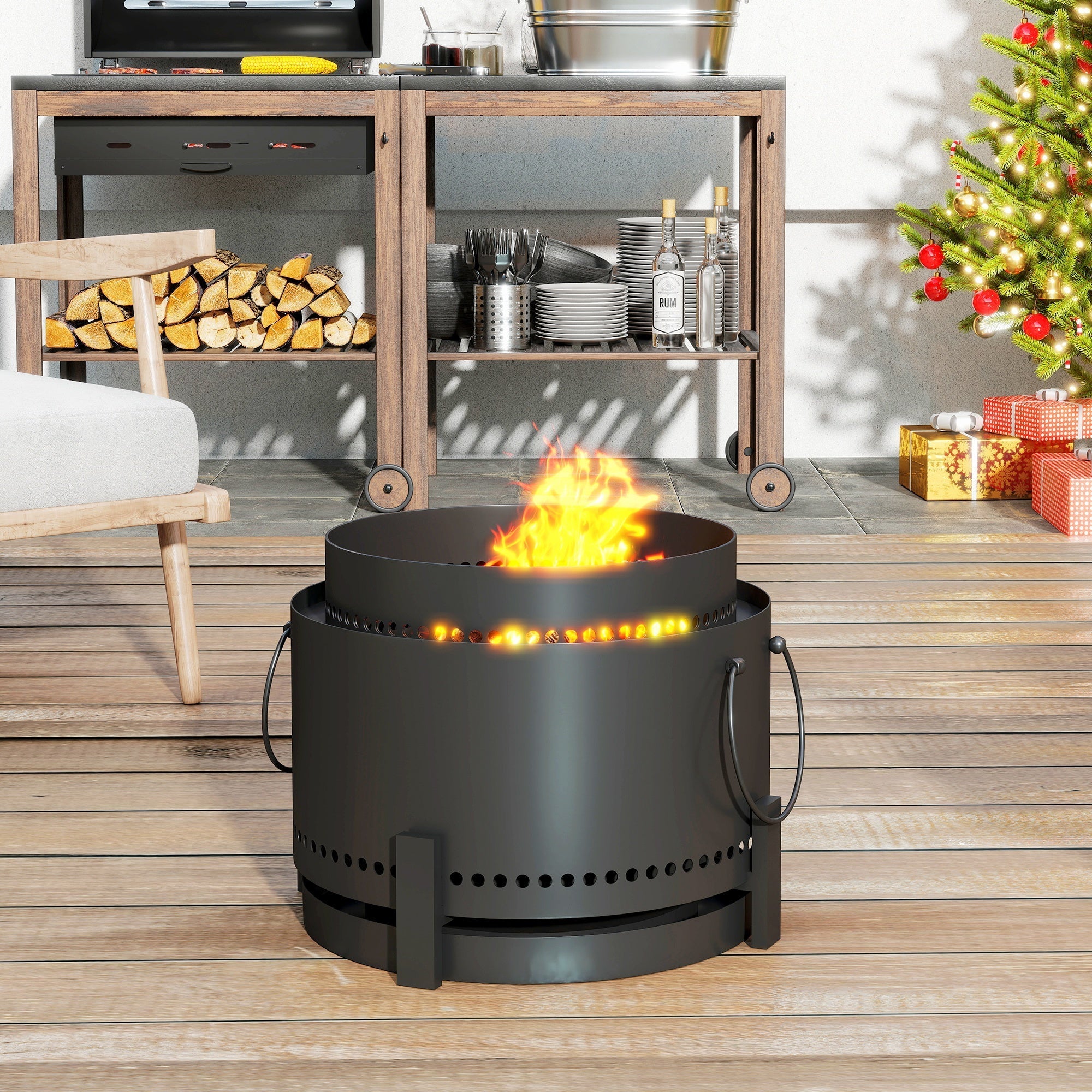 Outsunny smokeless fire pit in dark grey powder-coated metal with side handles and perforated base for high heat use