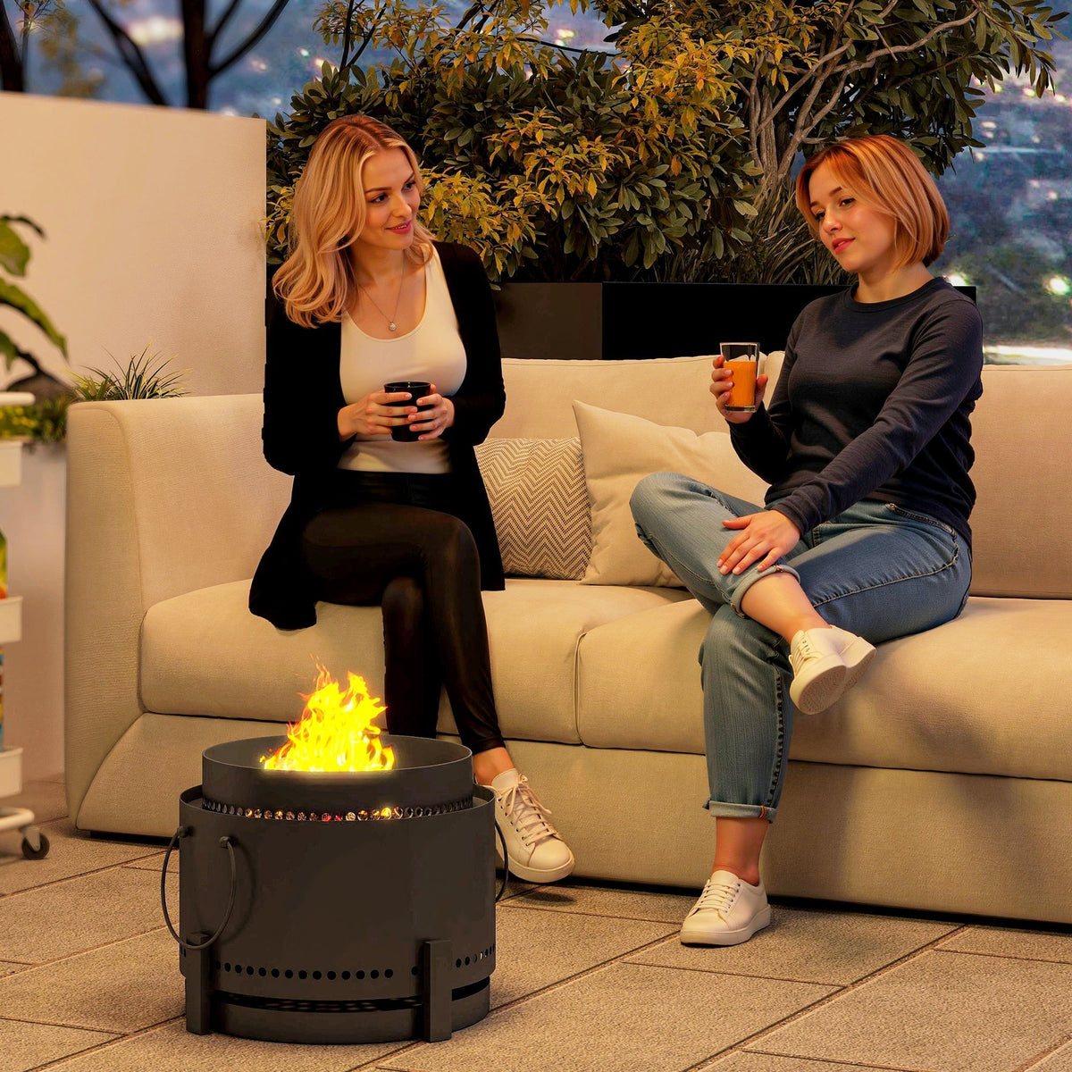 Outsunny smokeless fire pit with glowing orange flames in dark grey powder-coated metal for garden camping bonfire