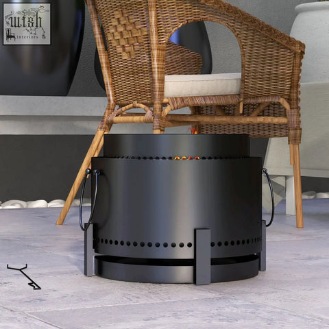 Black outsunny smokeless fire pit with perforated sides, metal handles, high heat resistance, and secondary combustion