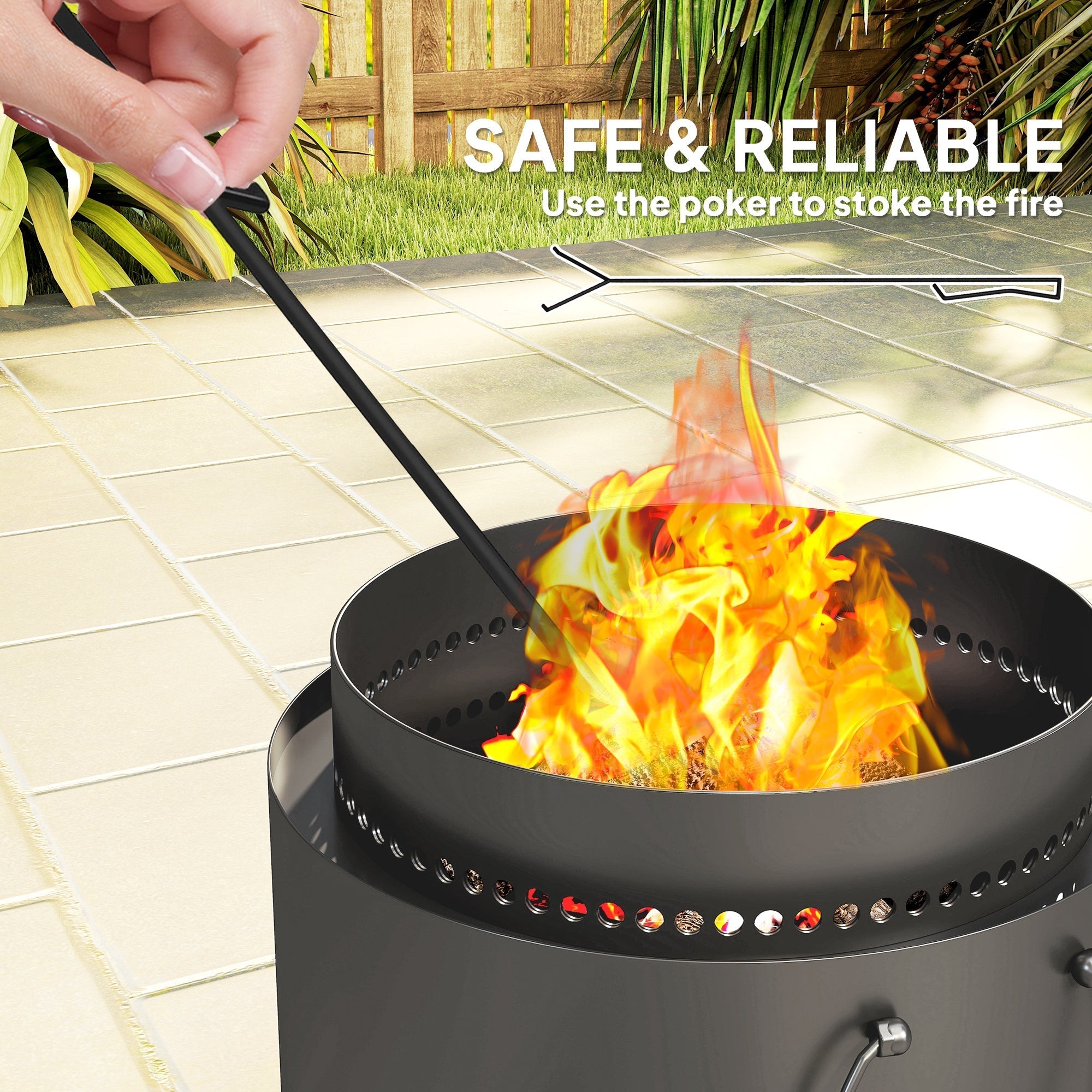 Black metal fire poker with long handle and pointed tip powder-coated metal dark grey for high heat fire pits