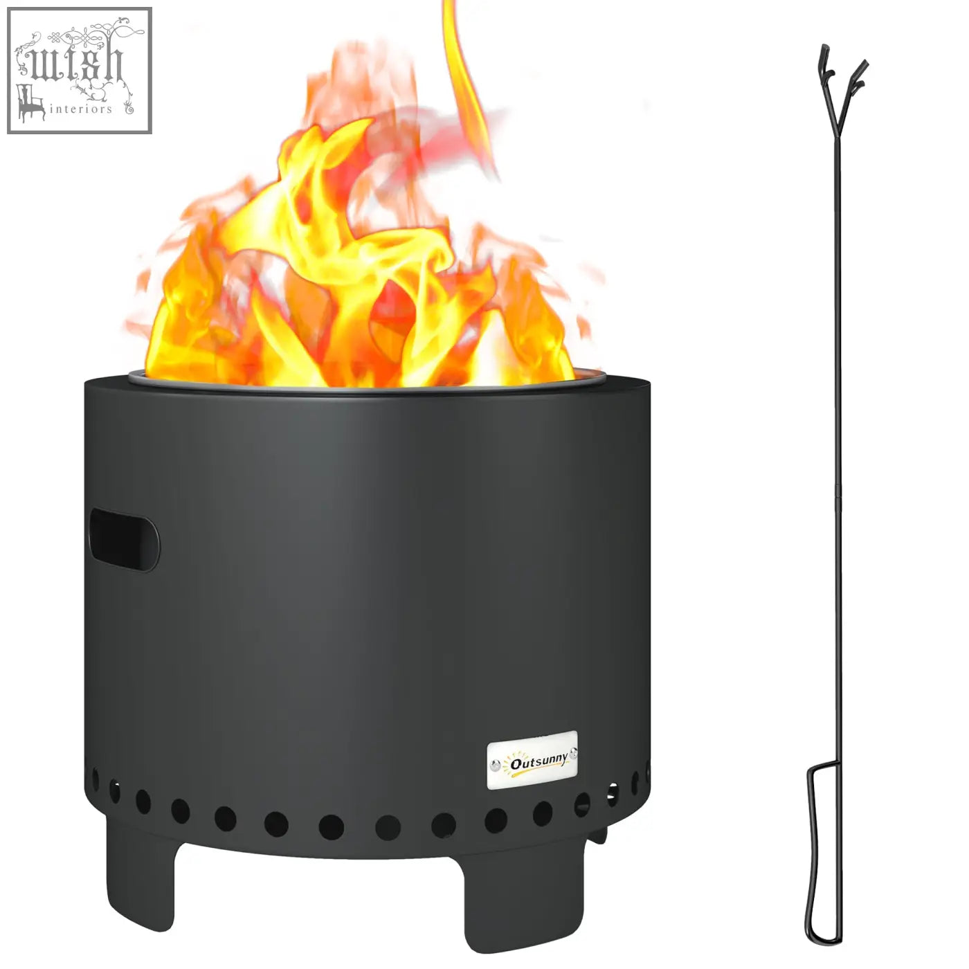 Outsunny smokeless steel fire pit in dark grey powder-coated steel with flame design and poker for secondary combustion