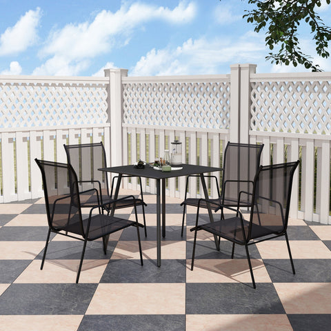 Black metal mesh garden table with four chairs featuring a powder-coated steel frame for outdoor dining
