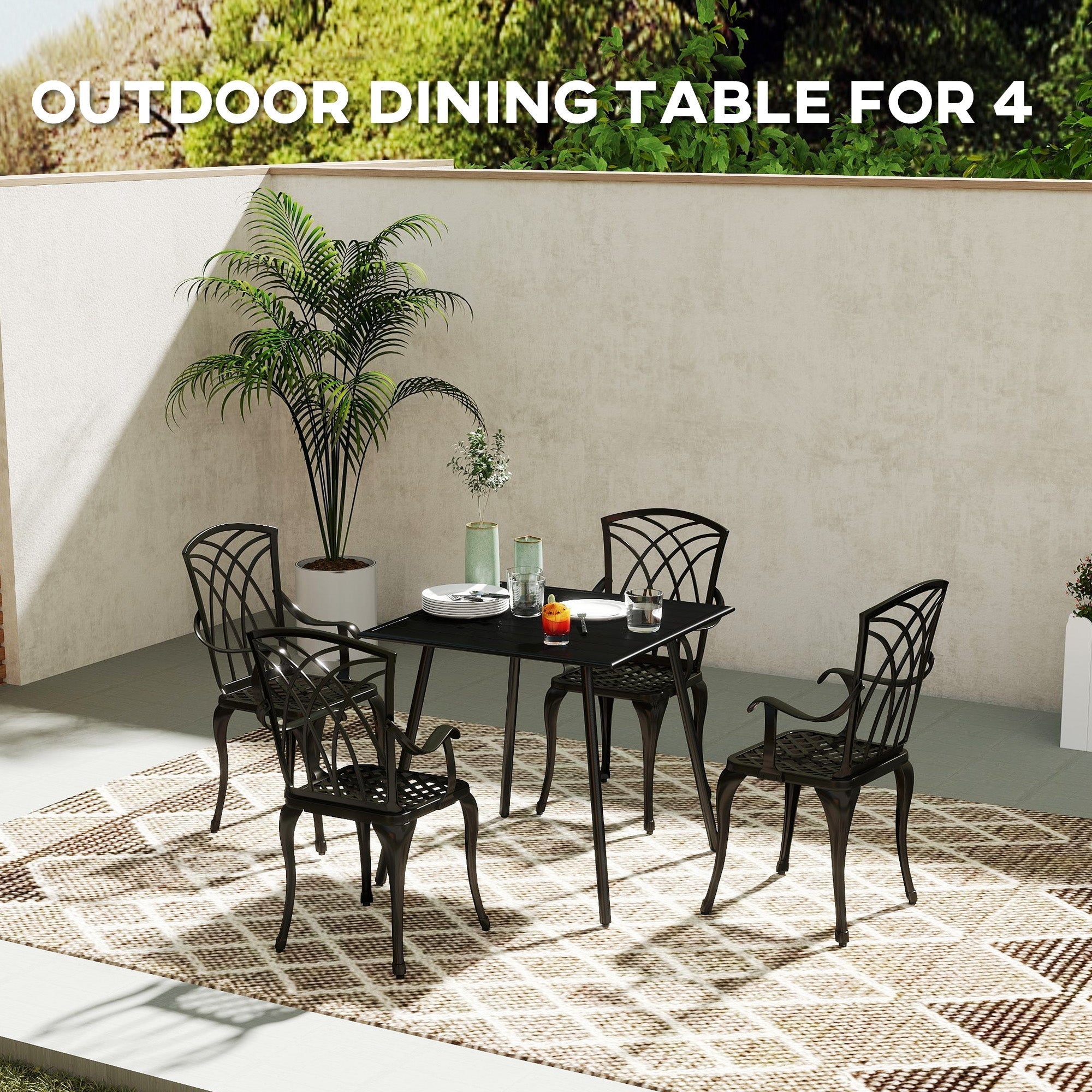 Black wrought iron garden table with lattice back chairs featuring powder-coated steel frame and sleek rectangular top