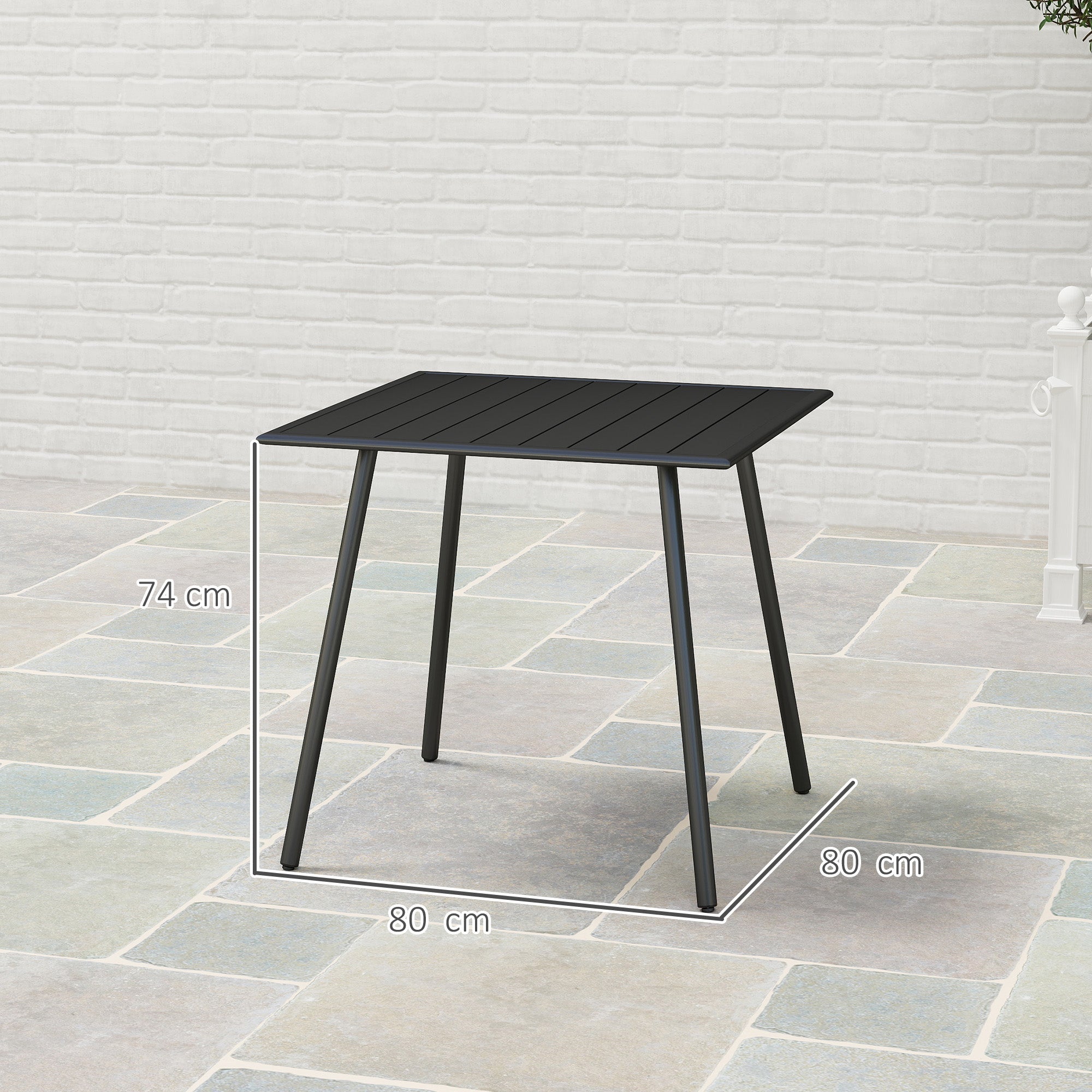 Black metal garden table with slatted top and powder-coated steel frame for outdoor use seating 4 people