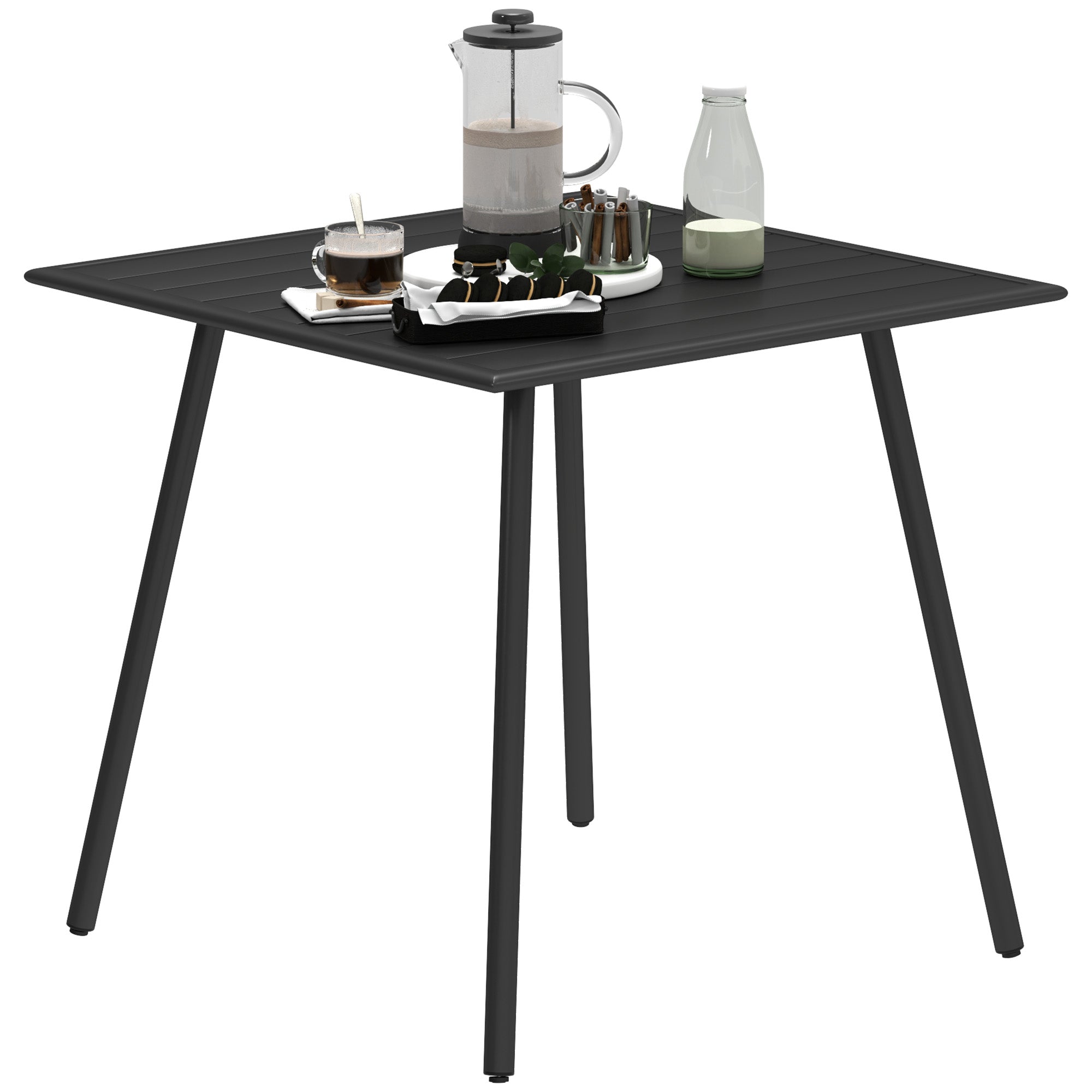 Black outsunny garden table with slat top and powder-coated steel frame for outdoor use seating 4 people