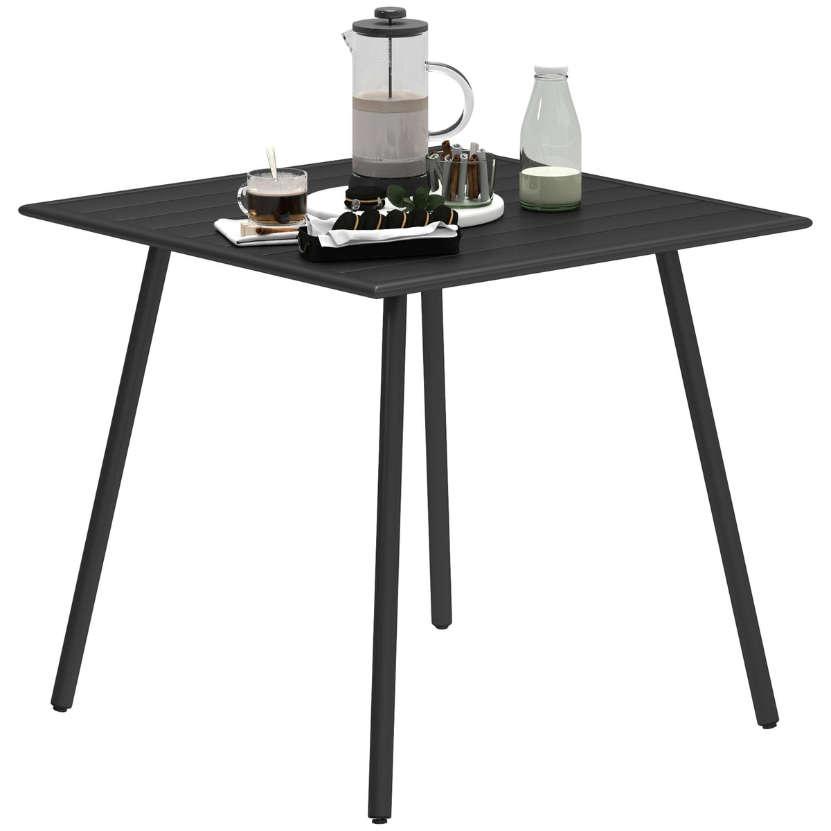 Black outsunny garden table with slat top and powder-coated steel frame for outdoor use seating 4 people