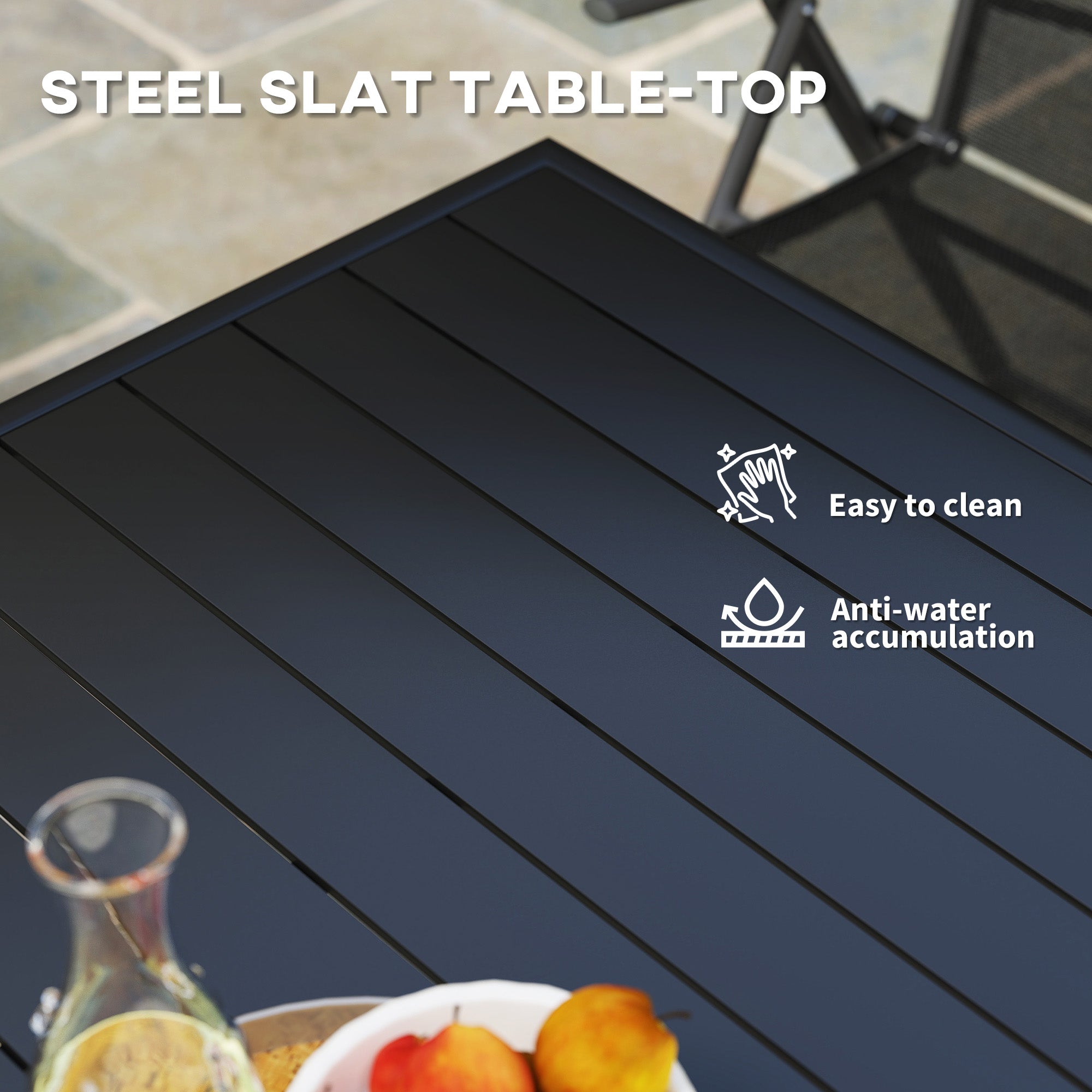 Outsunny black garden table with powder-coated steel frame and sleek slat top perfect for outdoor use